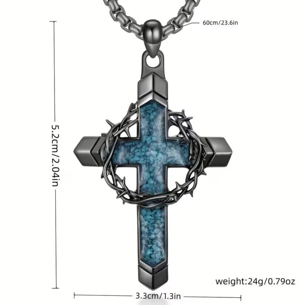 Vintage Turquoise Cross Pendant Necklace for Women Men Thorny Wreath and Cross Design Chain Jewelry Gifts