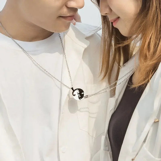 Two Cat Couple Necklaces Jewelry Stainless Steel Black White Kitten Animal Pendant Choker Necklace Lovers Friendship Gift