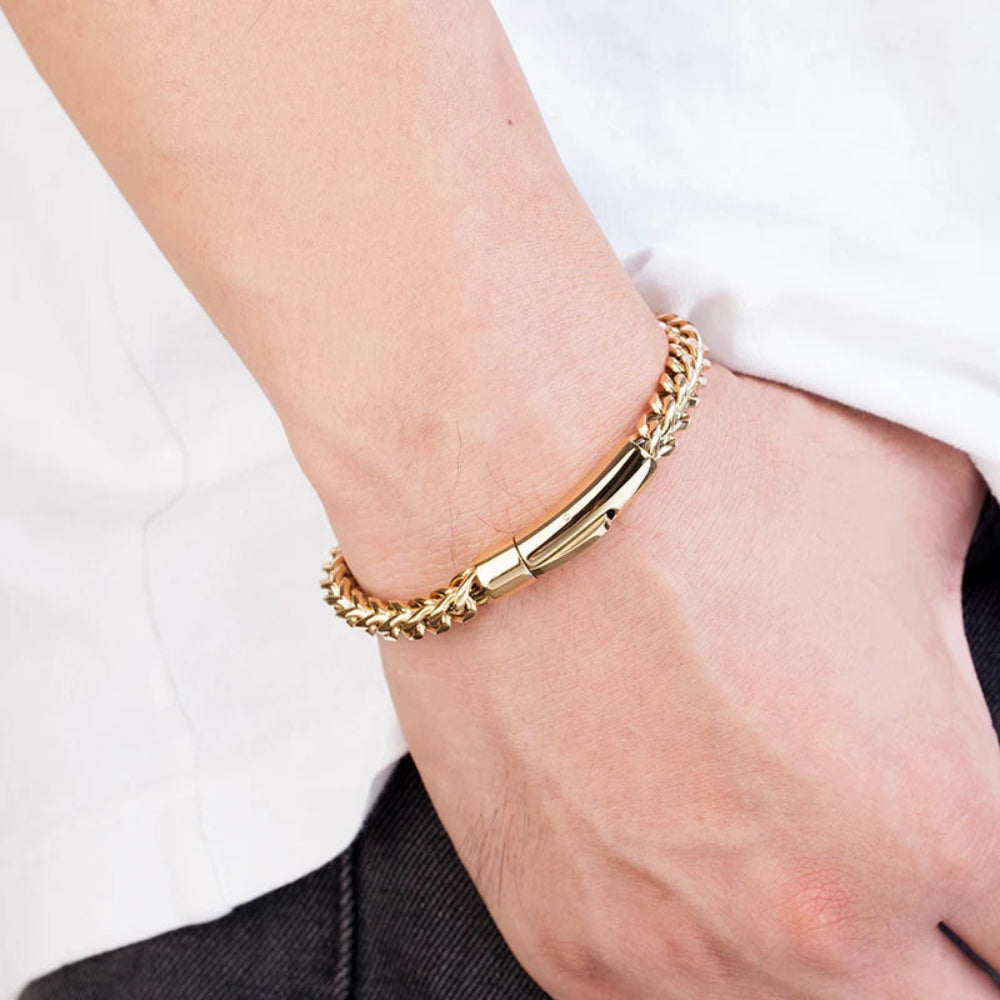 Locomotive Men Punk Rock Bicycle Chain Bracelet 18K Gold Plated Stainless Steel Magnet Button Male Jewelry Gifts