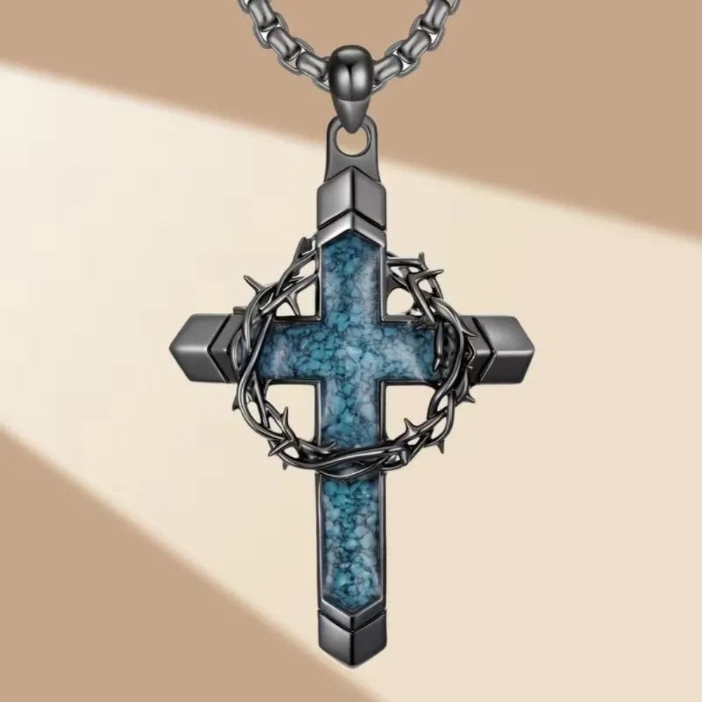 Vintage Turquoise Cross Pendant Necklace for Women Men Thorny Wreath and Cross Design Chain Jewelry Gifts
