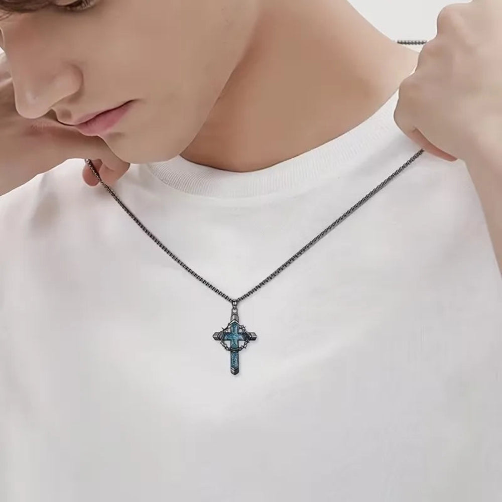 Vintage Turquoise Cross Pendant Necklace for Women Men Thorny Wreath and Cross Design Chain Jewelry Gifts
