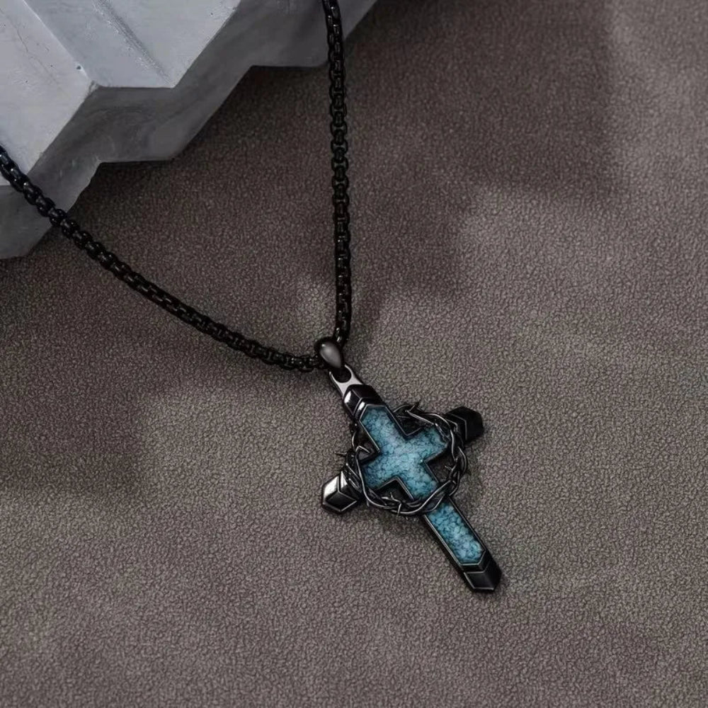 Vintage Turquoise Cross Pendant Necklace for Women Men Thorny Wreath and Cross Design Chain Jewelry Gifts