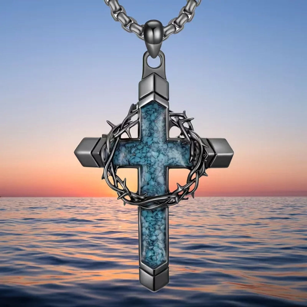 Vintage Turquoise Cross Pendant Necklace for Women Men Thorny Wreath and Cross Design Chain Jewelry Gifts