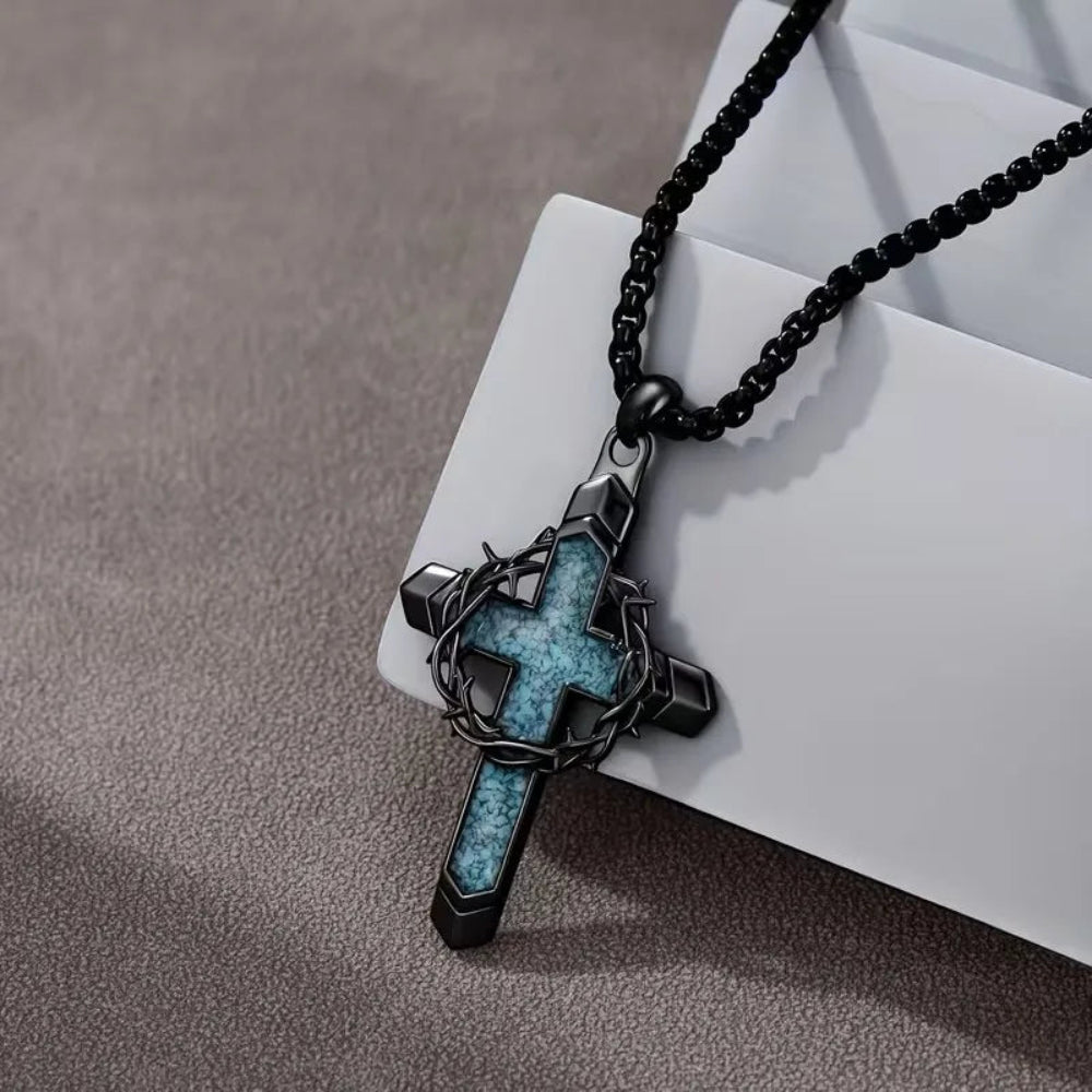 Vintage Turquoise Cross Pendant Necklace for Women Men Thorny Wreath and Cross Design Chain Jewelry Gifts