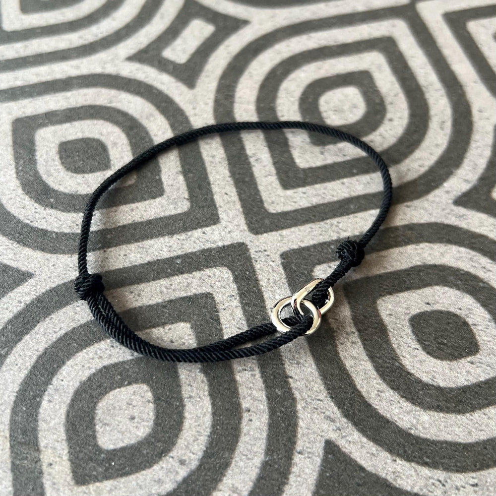 Mens Bracelet Rope Chain, Thin Mens Black Rope Nylon Bracelet, 925 Sterling Silver Bracelet - Mens Jewelry - by